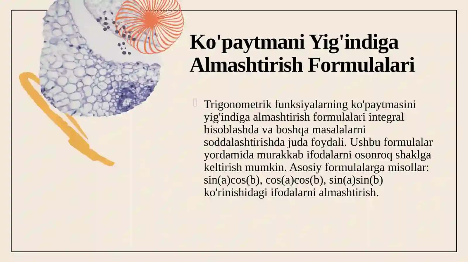 Trigonometrik funksiya ko'paytmasini yig'indirish tushunchalari 3