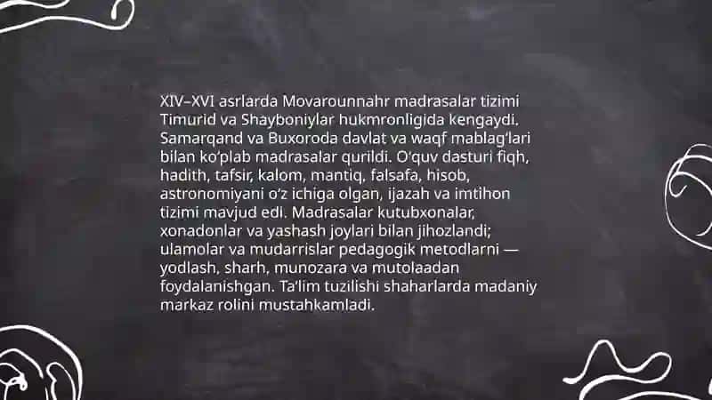 XIV XVI asrlarda Movorounnahrda talim tarbiya va pedagogik fikrlar 3