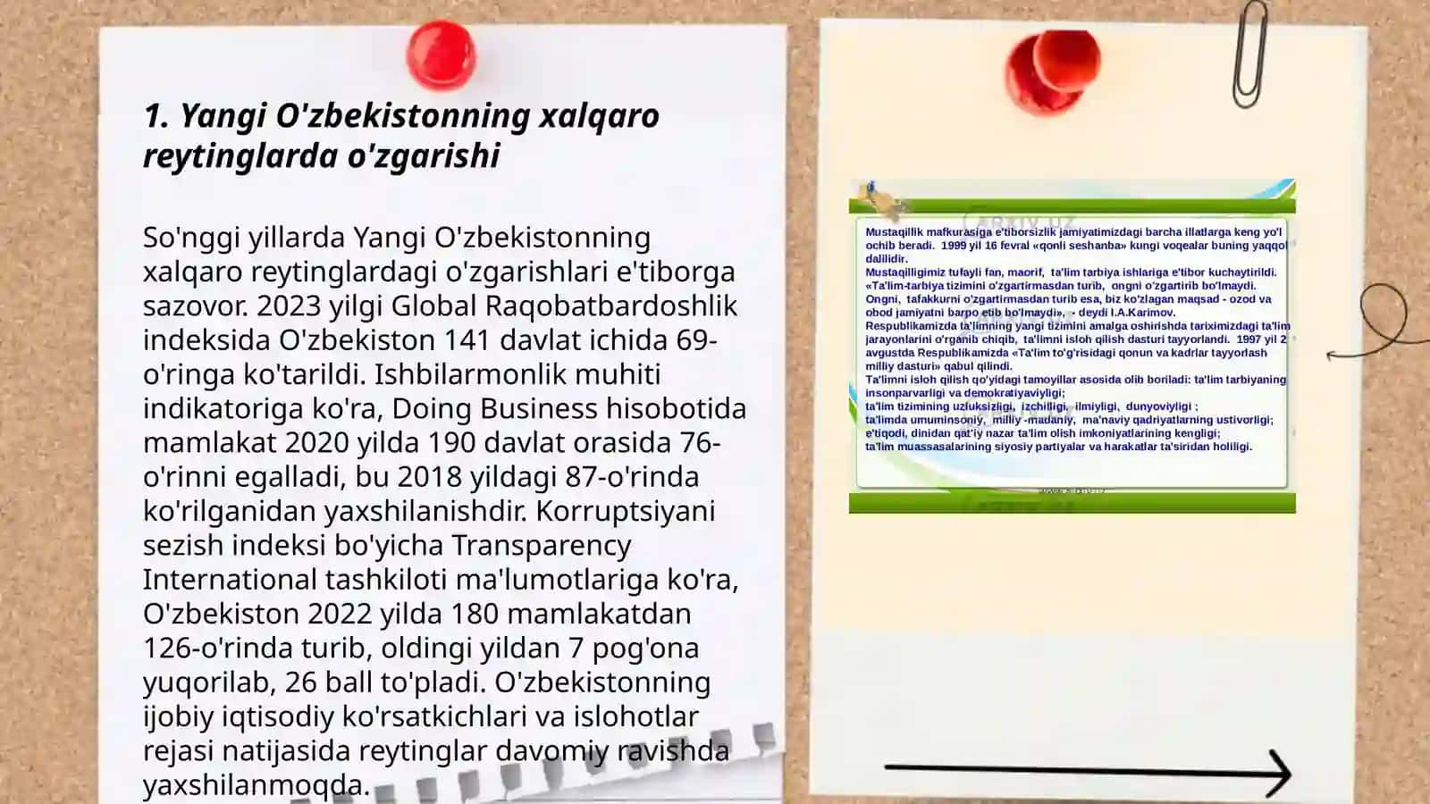 Yangi O'zbekiston ijtimoiy -siyosiy iqtisodiy va madaniy hayotida ruy berayotgan o'zgarishlarning xalqaro reyting va indekslarda aks etishi 3