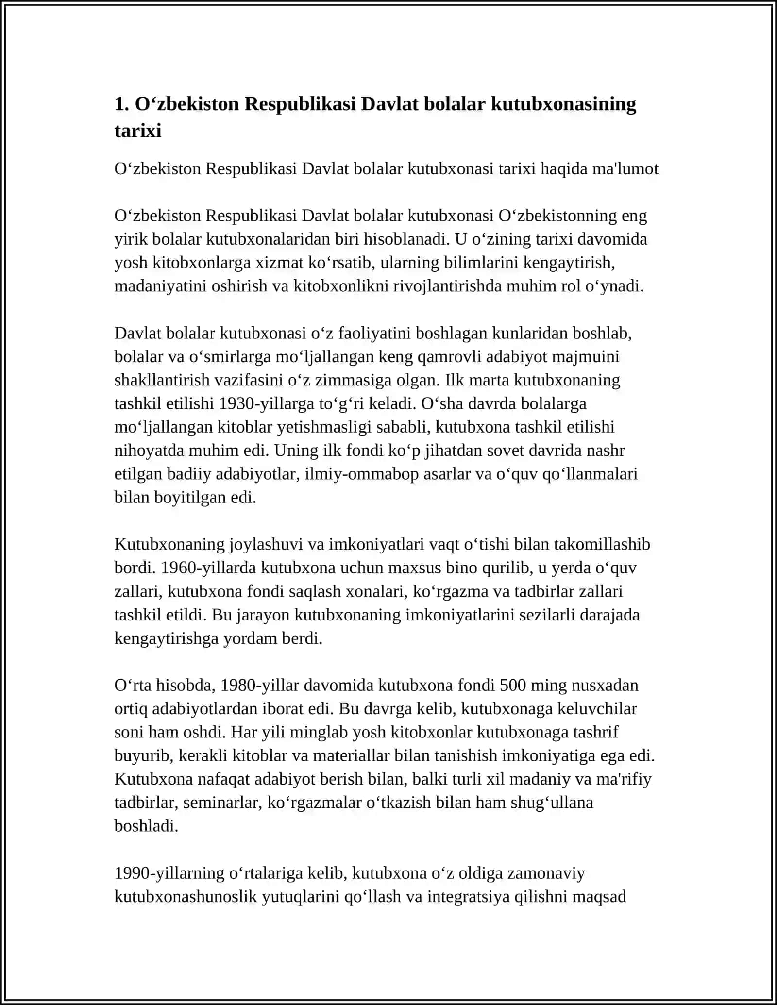O‘ZBEKISTON RESPUBLIKASI DAVLAT BOLALAR KUTUBXONASI FAOLIYATI VA KELAJAK ISTIQBOLLARI 3
