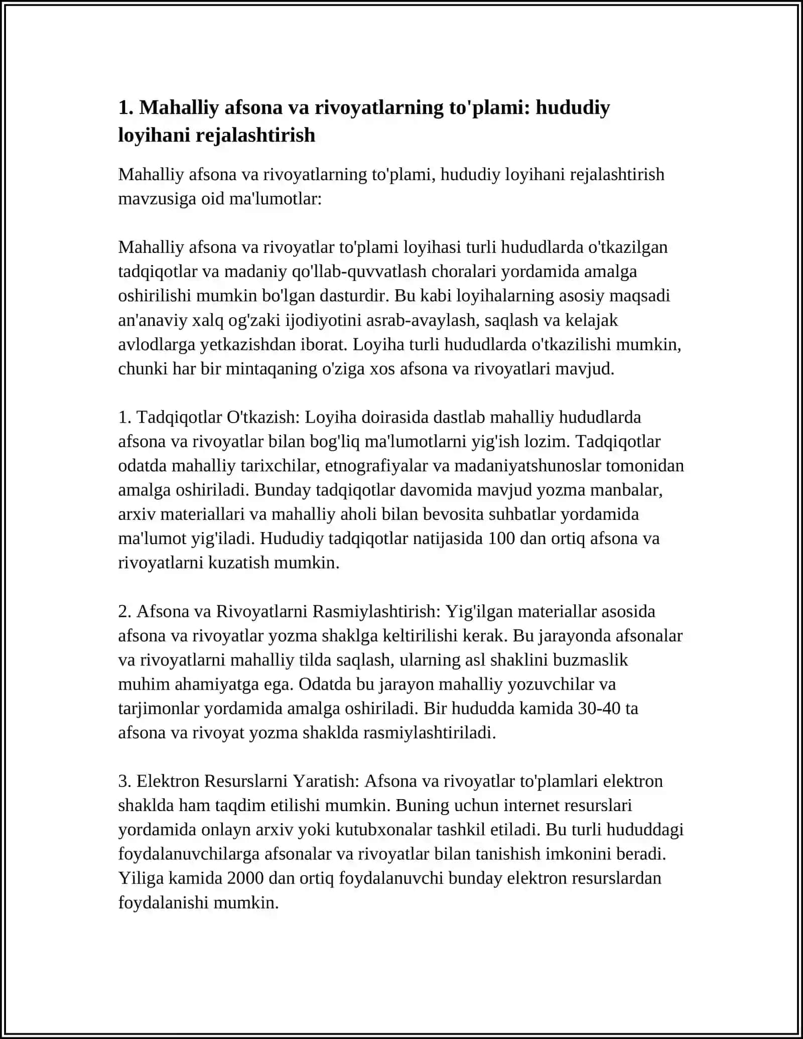 AFSONA, RIVOYAT, NAQLLARNI YASHAB TURGAN HUDUDIDA TARQALGAN LOKAL VARIANTLARNI YIG'ISH VA TAHLIL ETISH 3