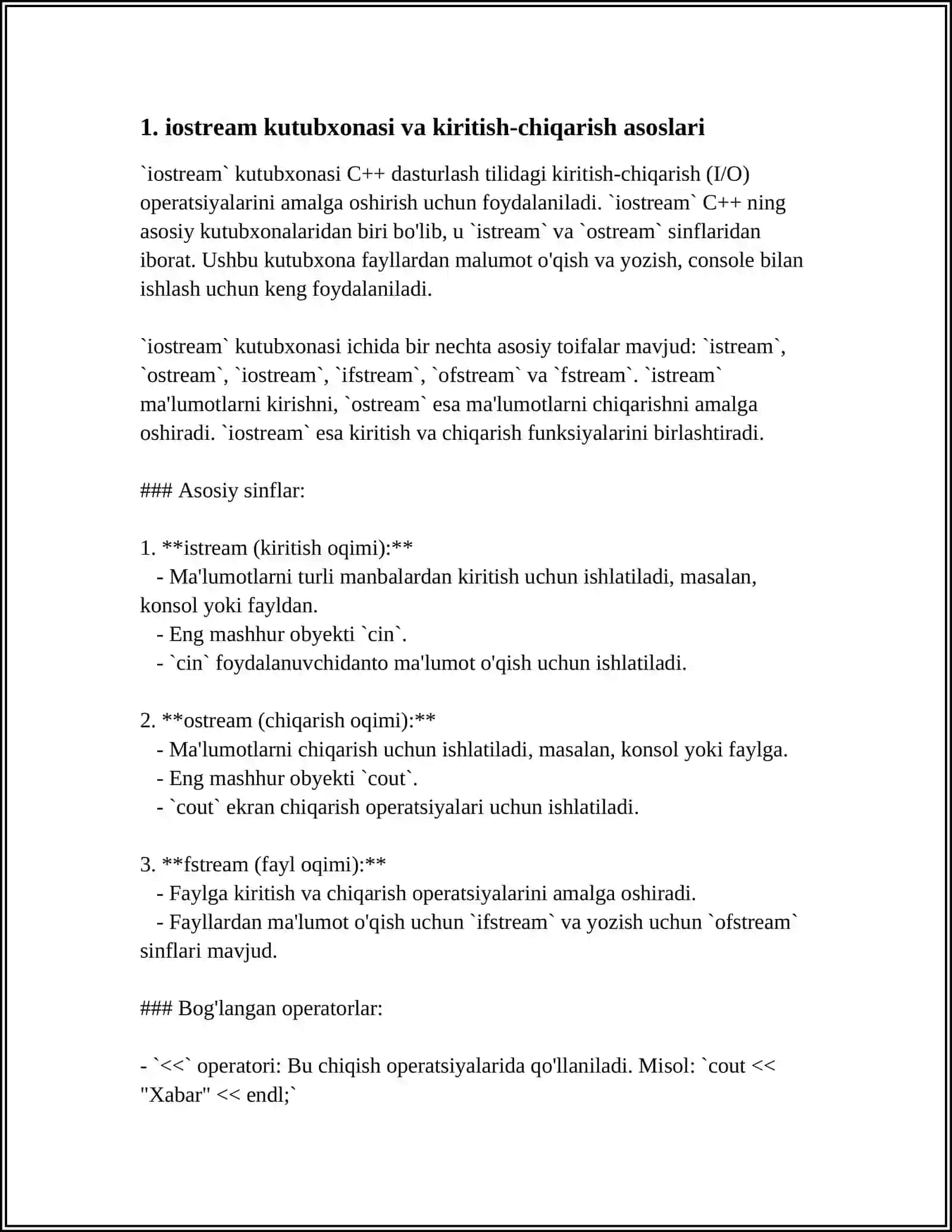 C++ DASTURLASH TILIDA KIRITISH VA CHIQARISH OPERATORLARI 3