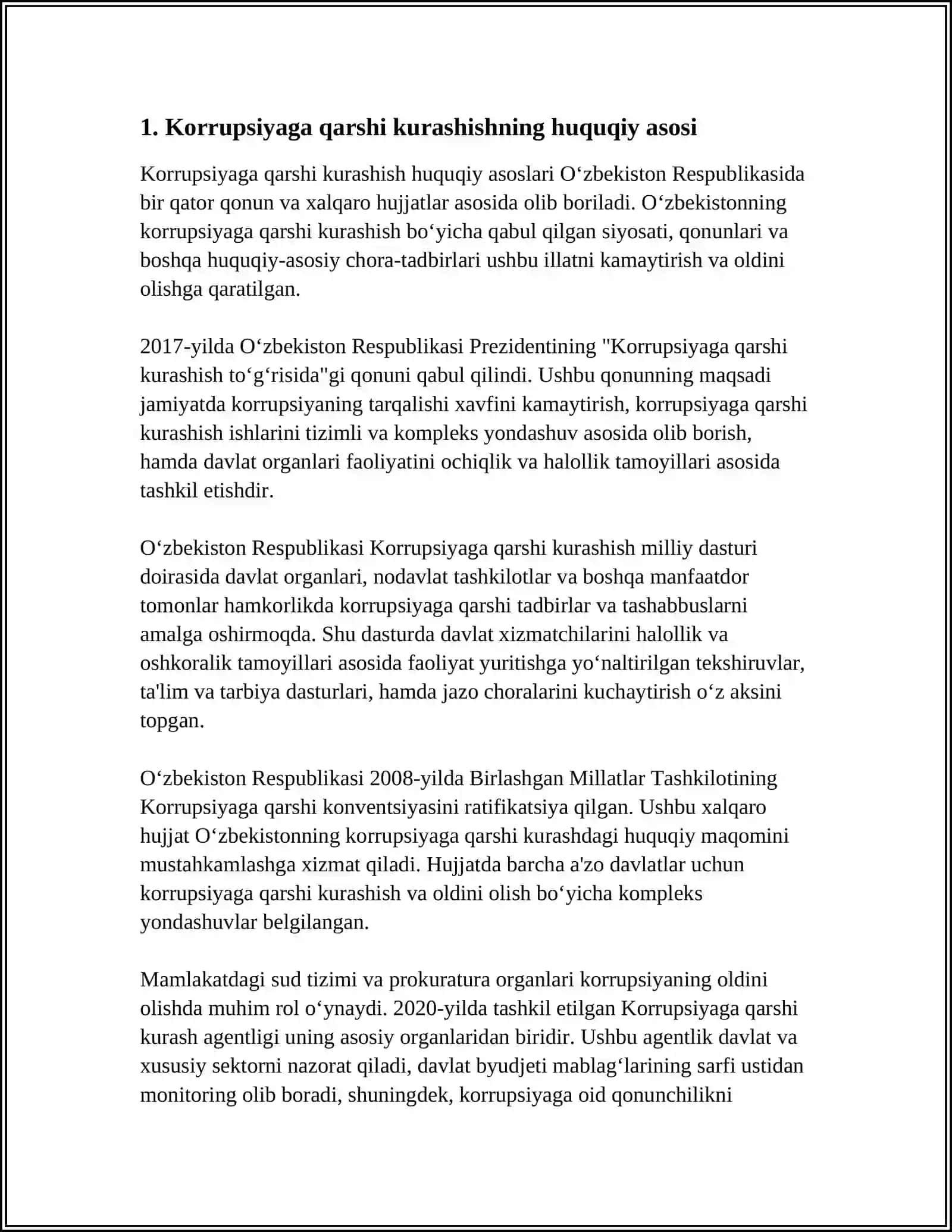 "ÕZBEKISTONDA KORRUPSIYAGA QARSHI KURASHISH MEXANIZMLARI"MAVZUSIDA ESSE TAYYORLASH 3