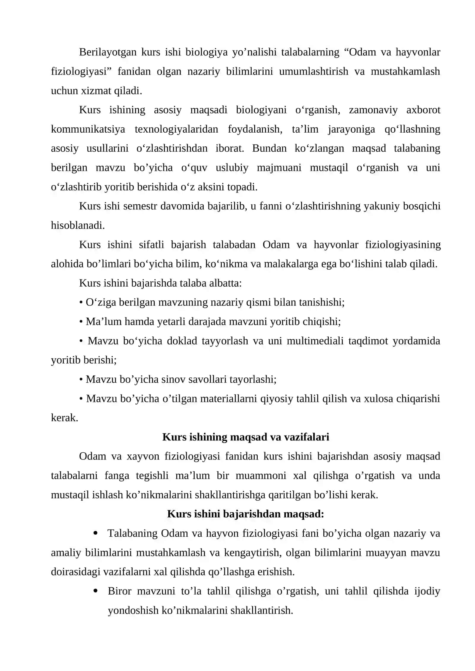 Biologiya YO'nalishi Talabarlari Uchun Odam va Hayvonlar Fiziologiyasi Fanidan Kurs Ishlari 3