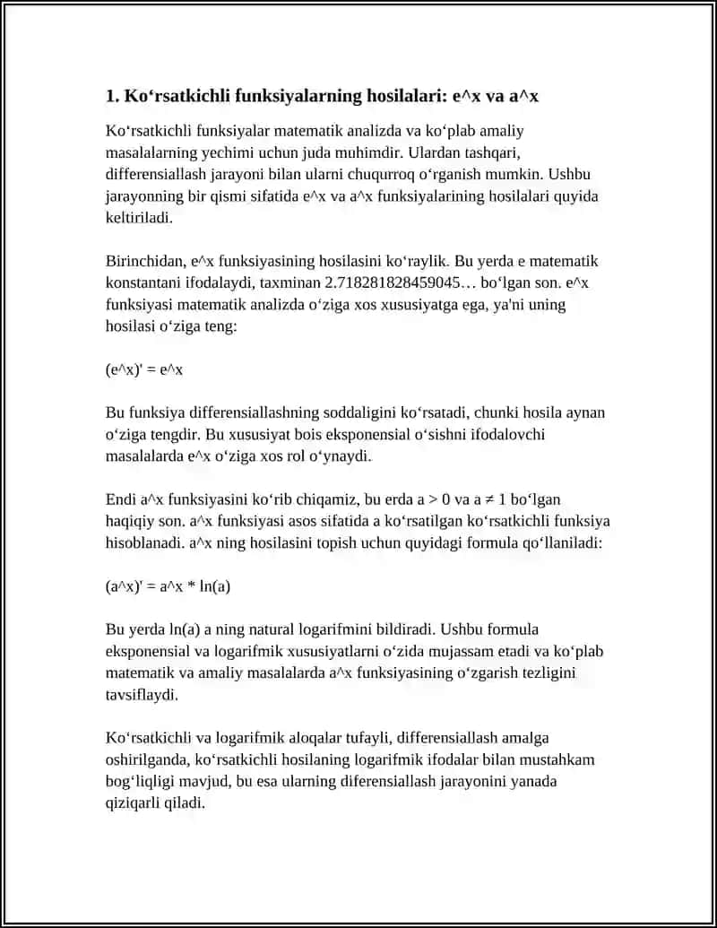 KO‘RSATKICHLI VA GIPERBOLIK FUNKSIYALAR HOSILALARINI HISOBLASH 3
