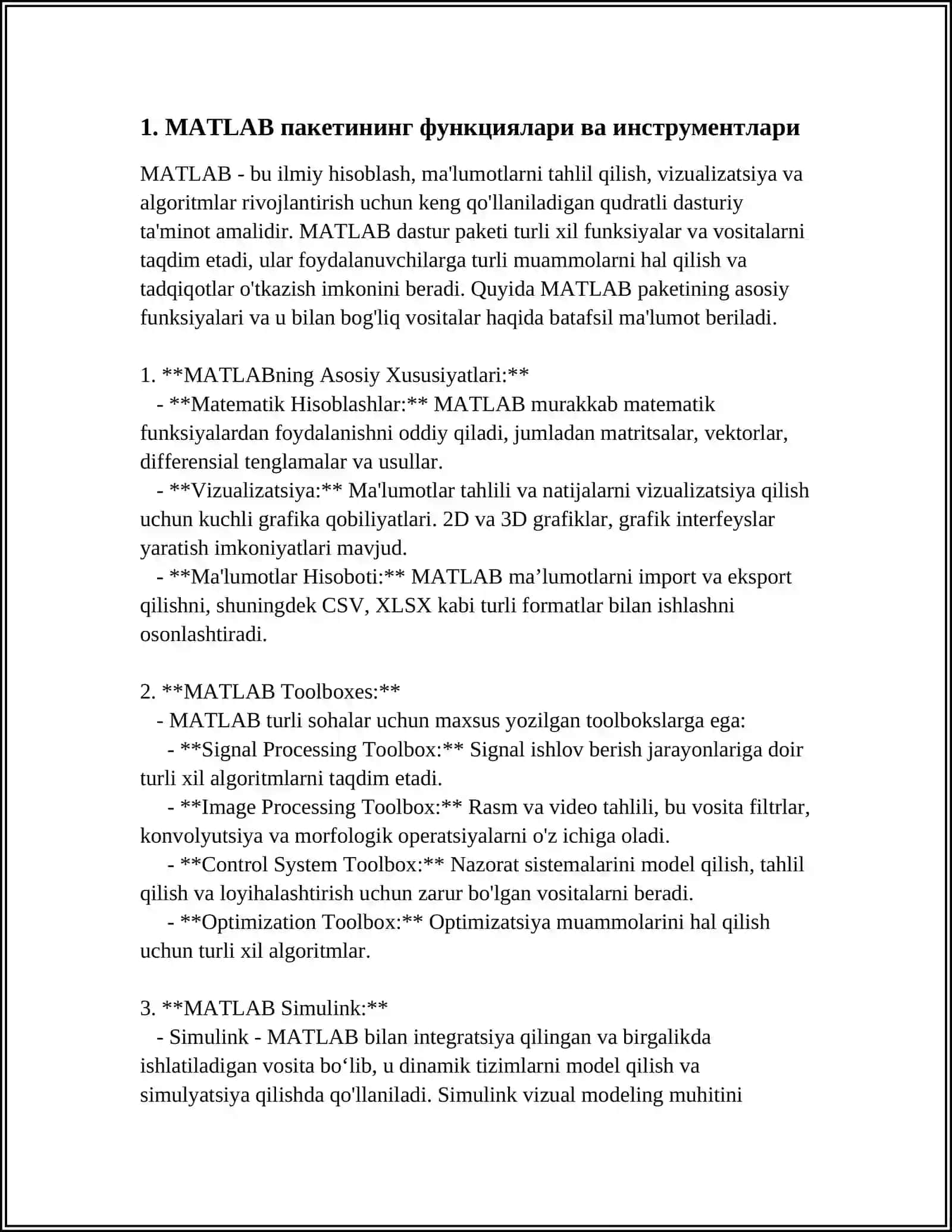 MATLAB ПАКЕТИНИНГ АФЗАЛЛИКЛАР ВА КАМЧИЛИКЛАРИ 3