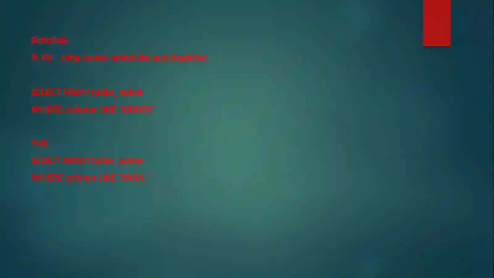 SQL serverda Like, limit bandlari va ularning vazifalari 3