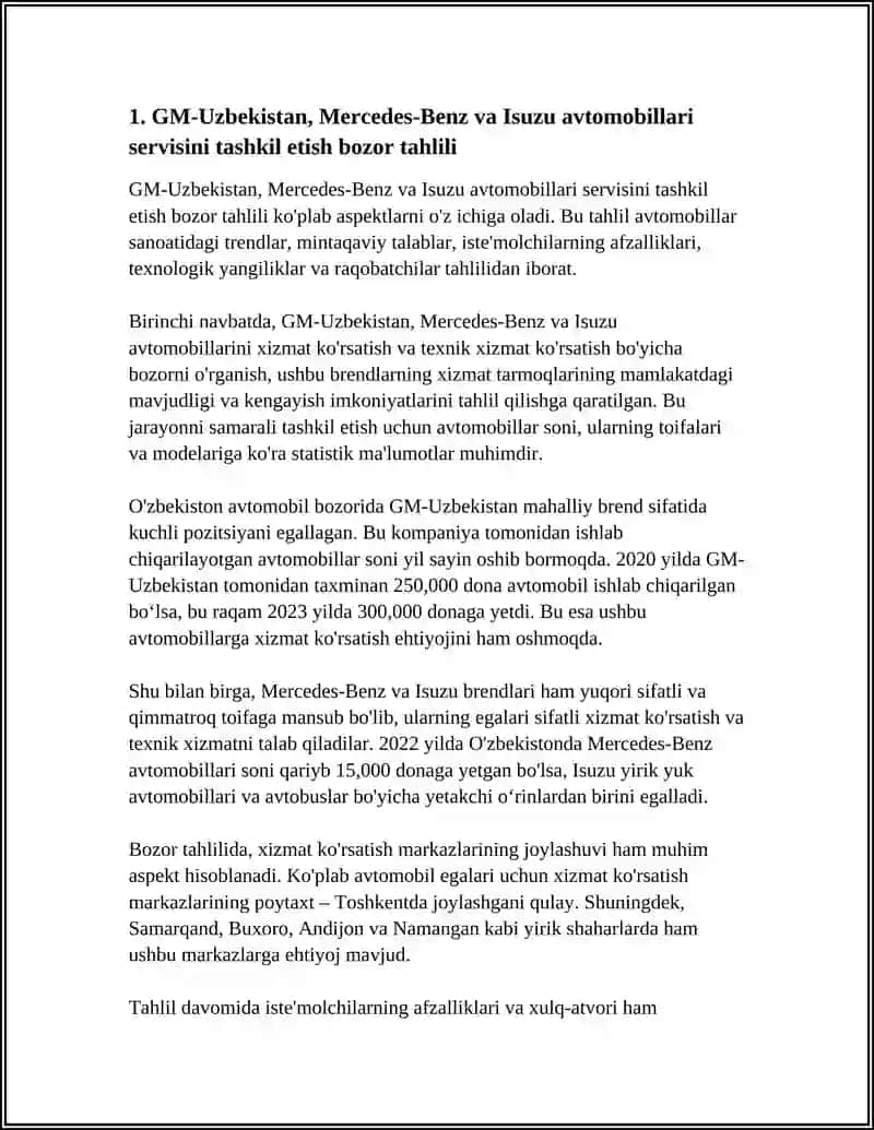 GM-Uzbekistan, Mercedes-Benz va Isuzu avtomobillari servisini tashkil etish bozor tahlili 3