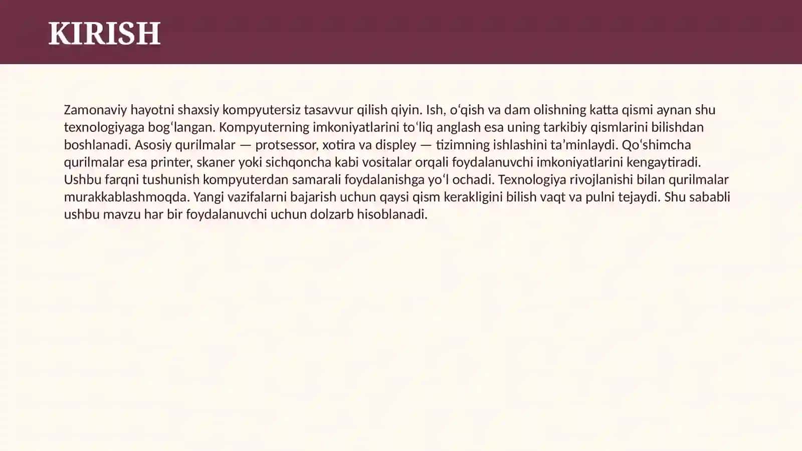 SHAXSIY KOMPYUTERLARNING ASOSIY VA QO`SHIMCHA QURILMALARI 3