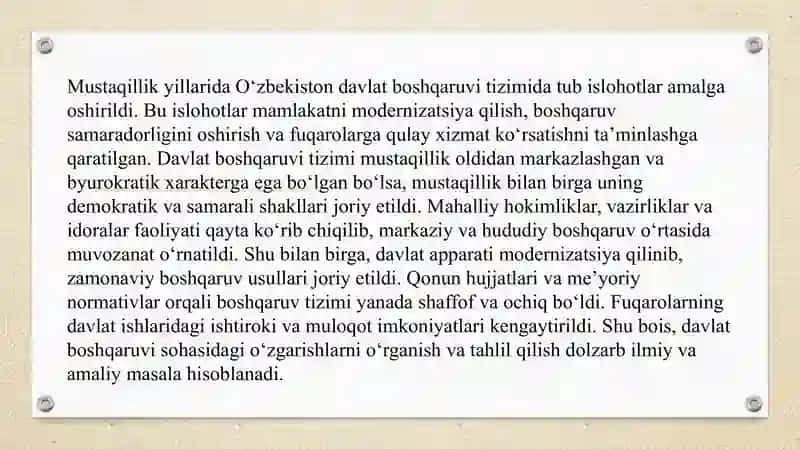 Mustaqillik yillarida davlat boshqaruvi tizimida amalga oshirilgan islohotlar SLAYD 3