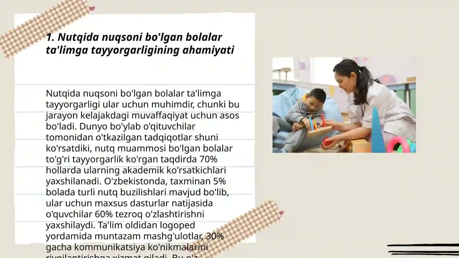 Nutqida nuqsoni bõlgan bolalarning maktab talimga tayyorligini ekspremental tekshirish va tahlil etish. STEAM talim texnologiyasini maktabgacha talimda qõllash bõyicha xorijiy tajriba, integratsion mashg'ulotlarni tashkil etish 3