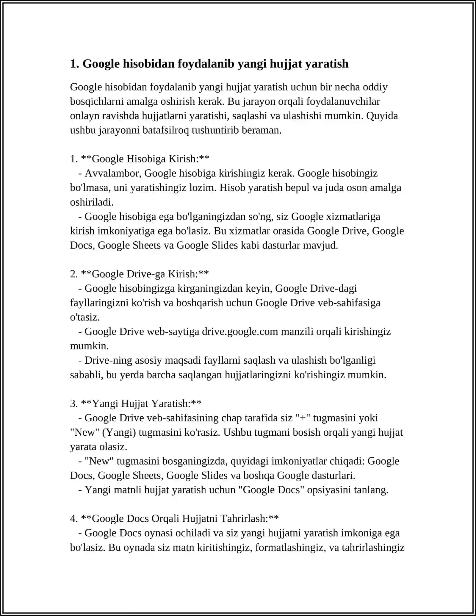 GEOGLE SHEETSDA YANGI HUJJAT YARATISH 3