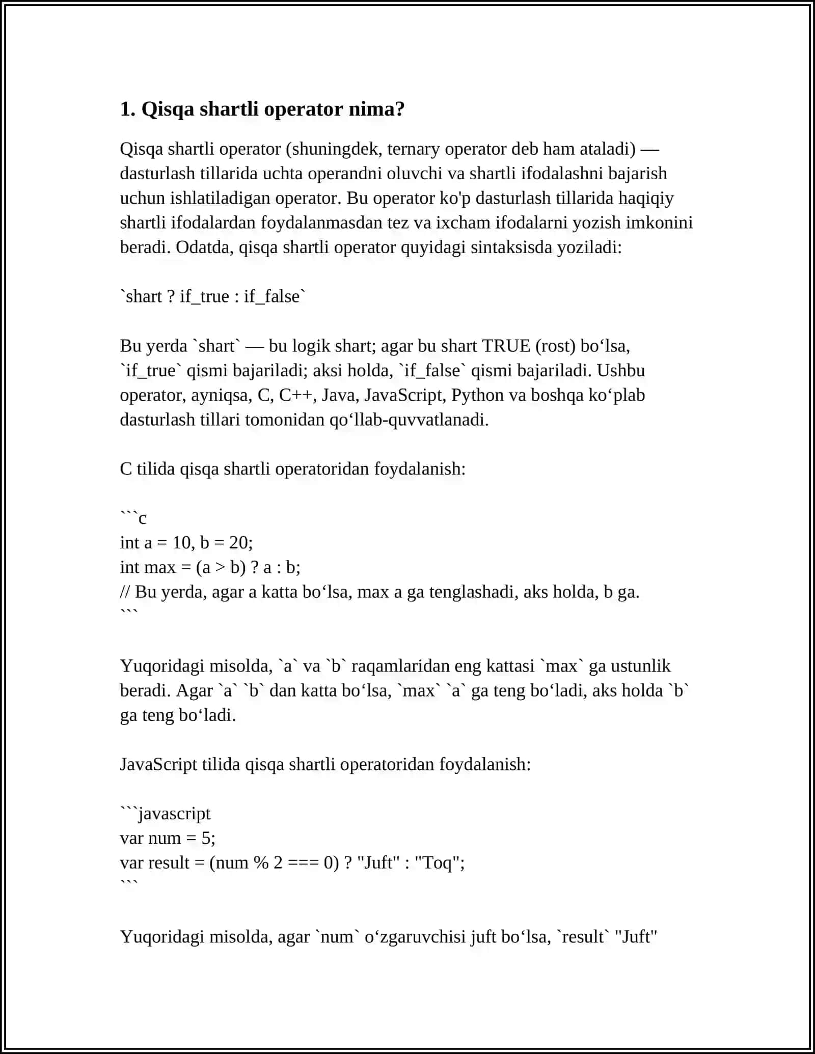 QISQA SHARTLI OPERATOR BILAN ISHLASH 3
