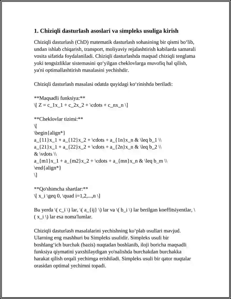 CHIZIQLI PROGRAMMALASHTIRISH MASALASINI SIMPLEKS USULIDA YECHISH 3