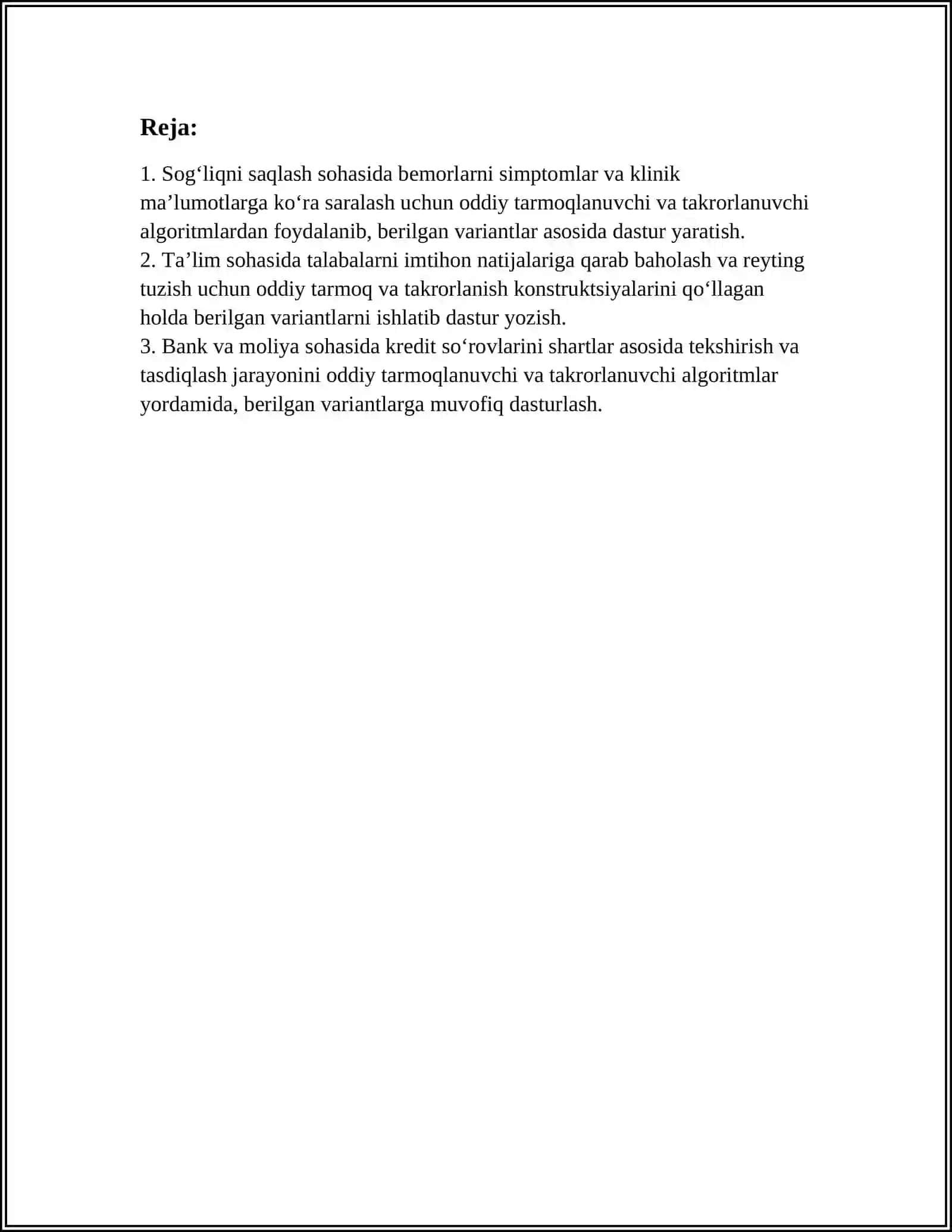 ODDIY TARMOQLANUVCHI VA TAKRORLANUVCHI ALGARITIMLARGA SOXA BUYICHA BERILGAN VARIANTLARNI ISHLATGAN XOLDA DASTURLAR YARATISH SHU XAQIDA REVERAT KERAK 3
