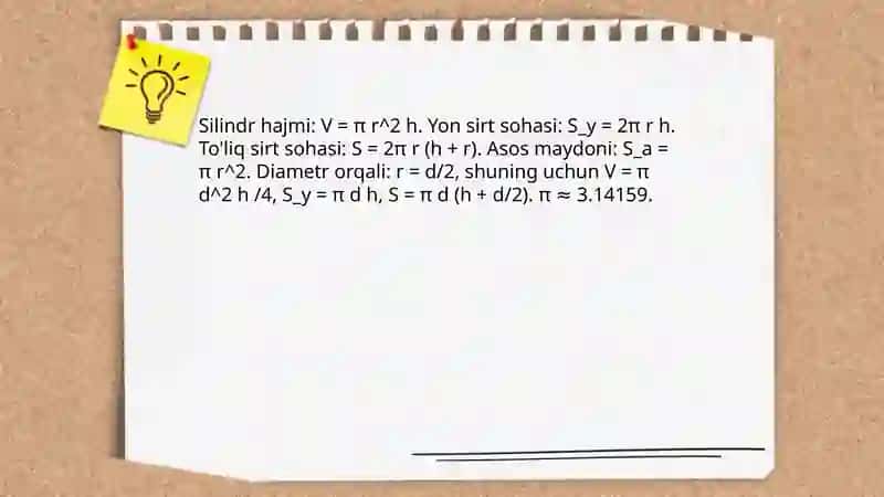 Aylanma jismlar, ularning sirtlari va hajmlari. Fazoviy figuralarning oʻzaro kombinatsiyasiga oid masalalar yechish. 3