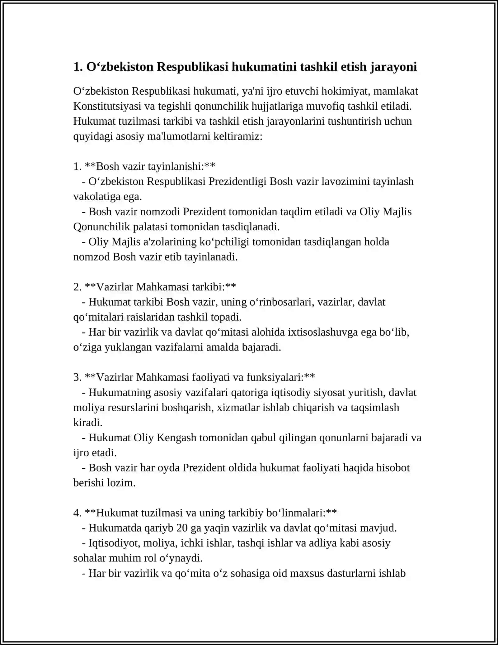 O'ZBEKISTON RESPUBLIKASI HUKUMATINI TASHKIL ETISH TARTIBI, UNING TARKIBI VA FAOLIYATINI AMALGA OSHIRISH TARTIBI 3