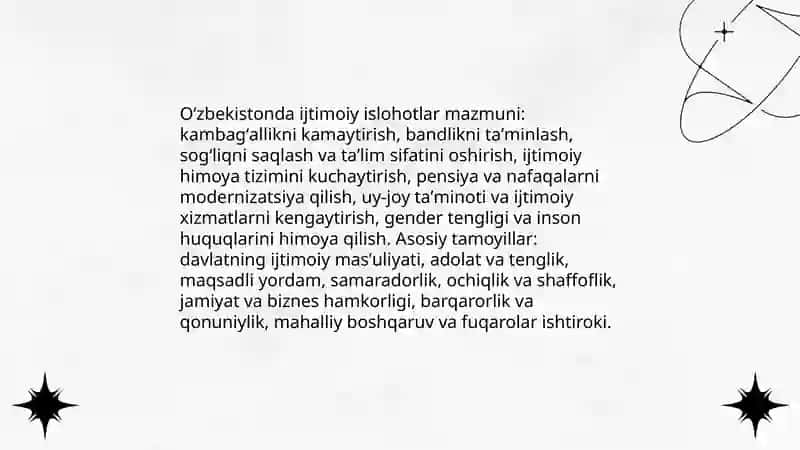 Oʻzbekistonda ijtimoiy sohada amalga oshirilayotgan oʻzgarishlar mazmun va mohiyati 3
