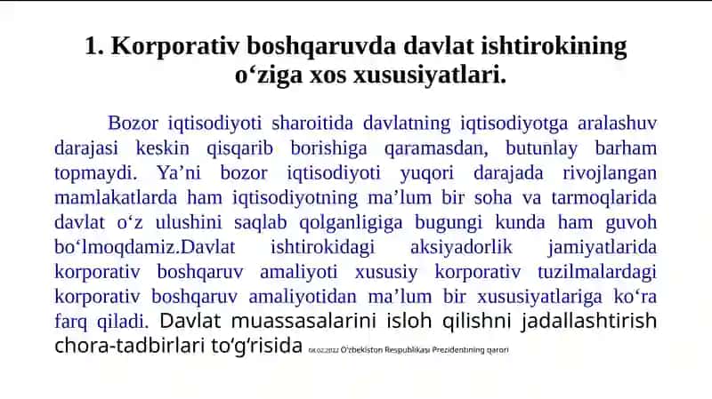 Davlat ulushi mavjud korporativ tuzilmalarda korporativ boshqaruv tizimi 3