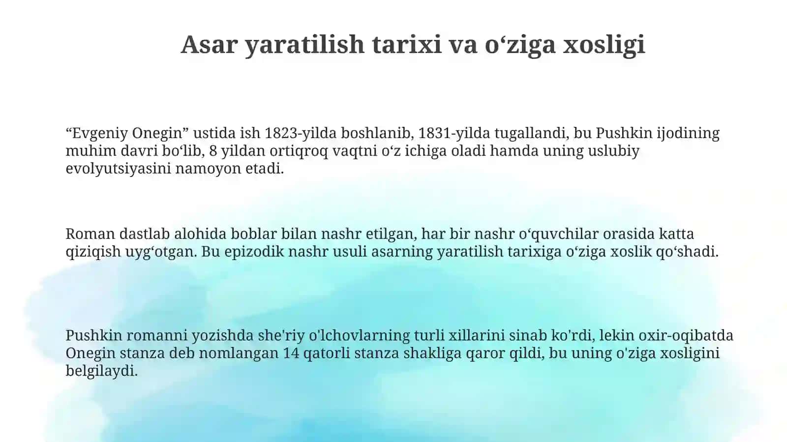 Aleksandr Sergeevich Pushkinning "Yevgeniy Onegin" she'riy romani 3