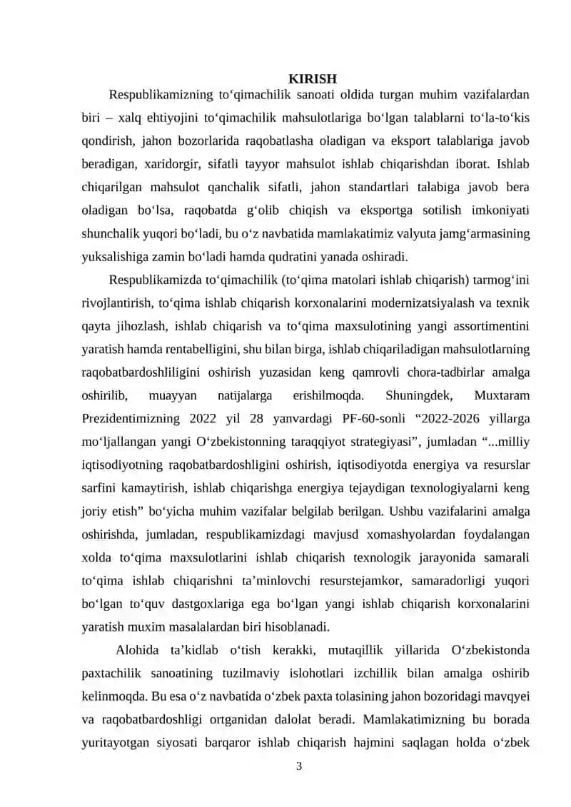 Yillik ishlab chiqarish quvvati 2,5mln. pagonometr  bo’lgan artikuli 3145 “Diagonal’’ to’qimasini ishlab chiqarish texnologik jarayonlar loyihasi 3