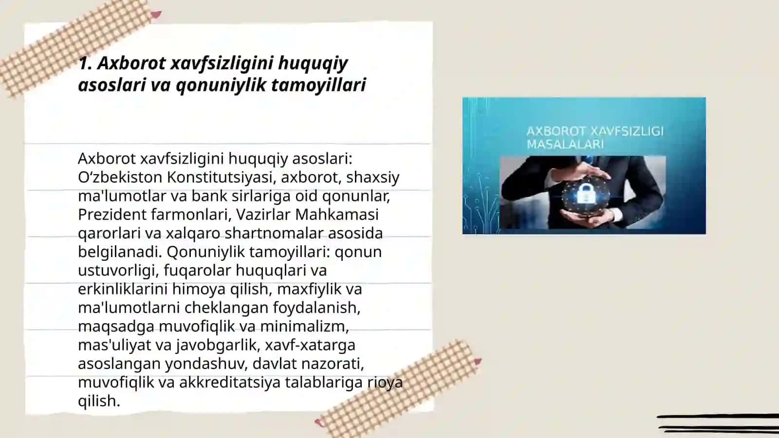 Axborot xavfsizligini huquqiy ta‘minoti. Maxfiy axborot va bank davlat sirlarini xavfsizligini ta'minlash 3