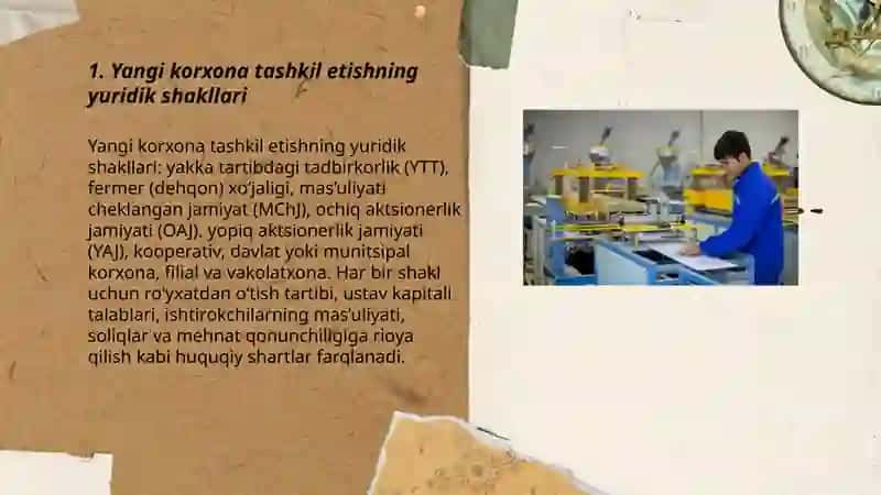 Yangi korxona tashkil etishning iqtisodiy va huquqiy shartlari 3