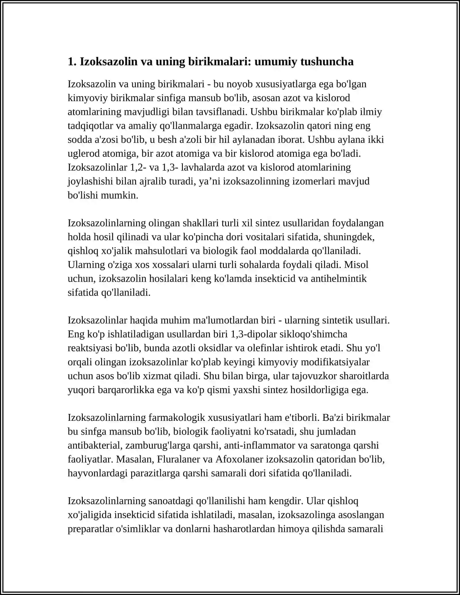 Izoksazolin va uning birikmalari - Molekula tuzilishi, olinishi, xossalari va ishlatilishi 3