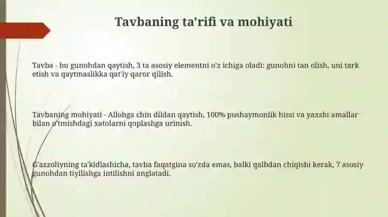 Gʻazzoliyning "Tavba asari asosida din va axloq mavzusida taqdimot 3