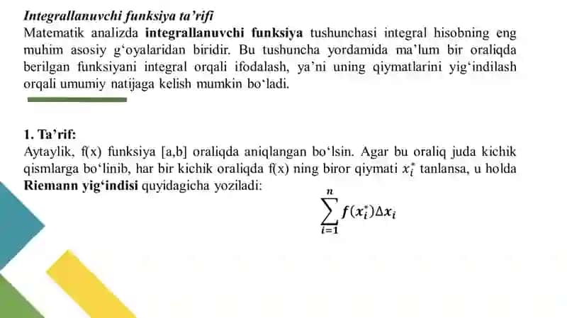 Integrallanuvchi funksiyalar sinfi va integralning asosiy xossalari 3