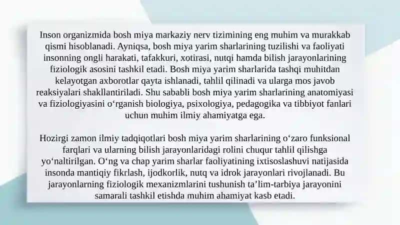 Bosh miya yarim sharlarining anatomiyasi fiziologiyashi va bilish 3