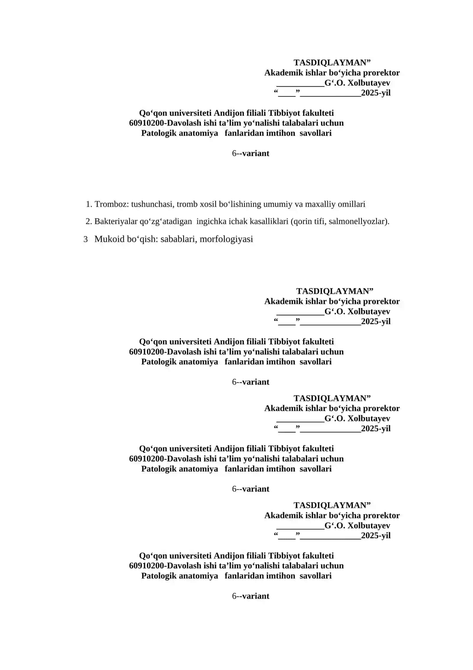 Patologik anatomiya fanlaridan imtihon savollari 3