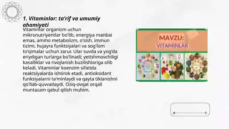 Vitaminlar va ularning organizmga taʼsir,vitaminlarning guruhlari,turlari 3