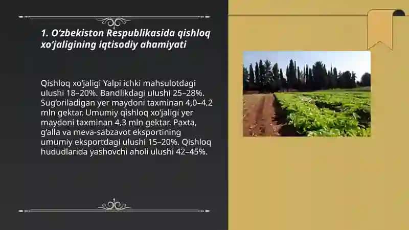 Oʻzbekiston Respublikasi da qishloq xoʻjaligining oʻrni Agra Tolibjonova Nazokat 3