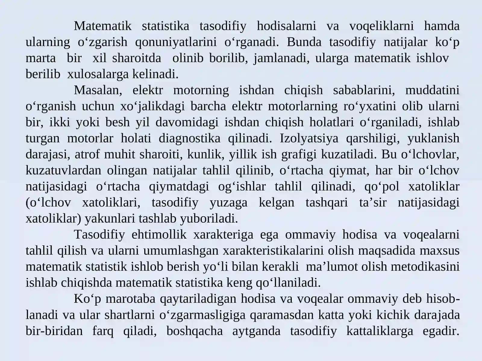 Ehtimollar nazariyasi va amaliy tadqiqotlar natijalariga matematik-statistik usul bilan ishlov berish. 3