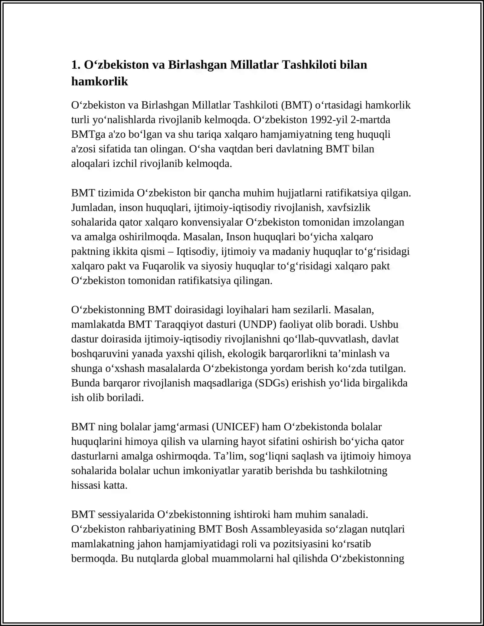 O'ZBEKISTONNING XALQARO TASHKILOTLAR BILAN HAMKORLIK ALOQALARI 3