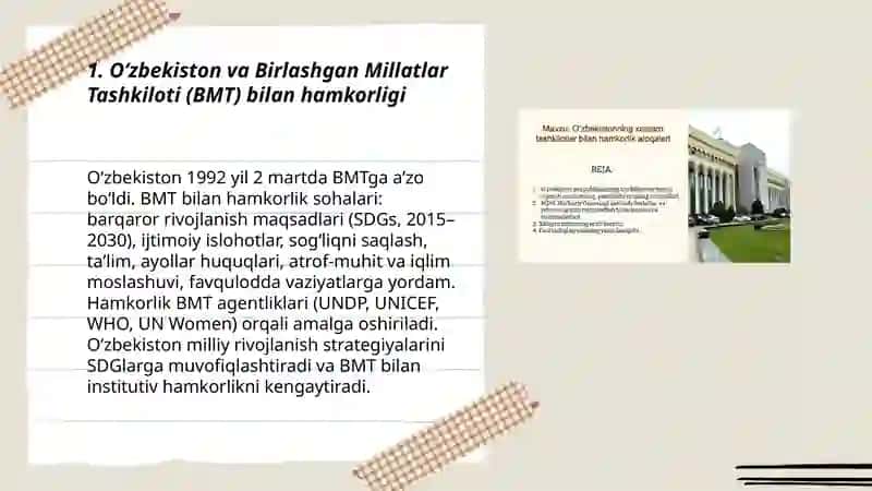 Oʻzbekistonning xalqaro tashkilotlar bilan hamkorlik aloqalari 3