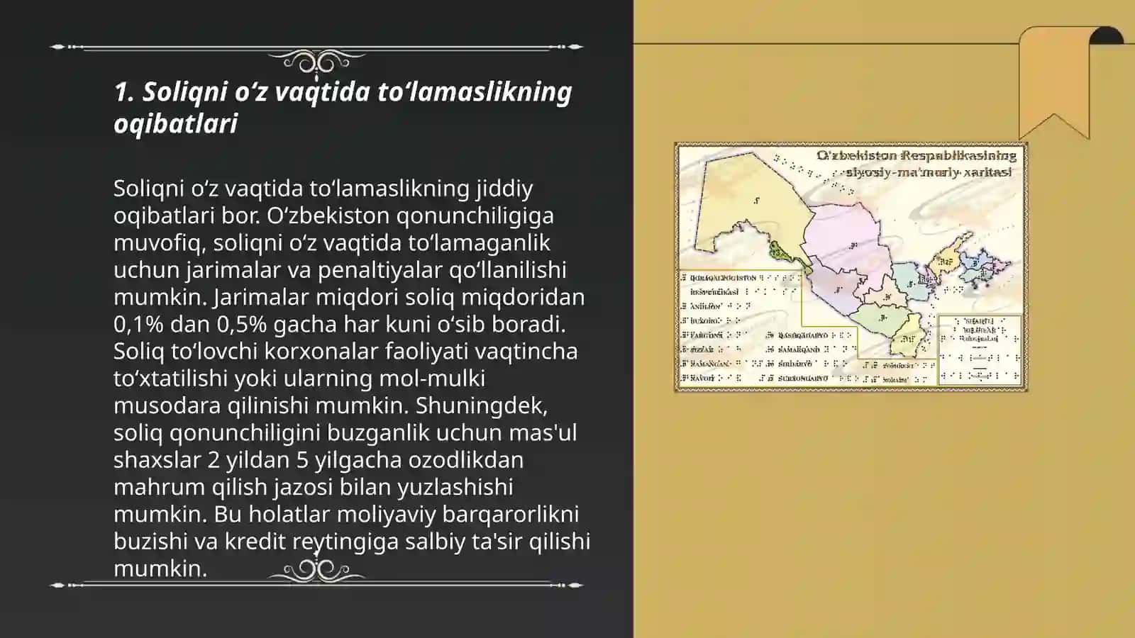 Soliq va majburiy to'lovlarni o'z vaqtida to'lamaslik 3
