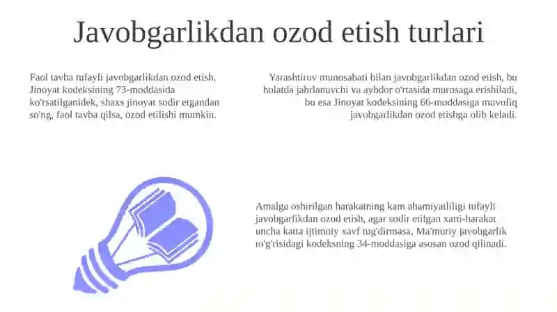 Javobgarlikdan ozod qilishning turlari va Jazodan ozod qilishning turlari farqi 3