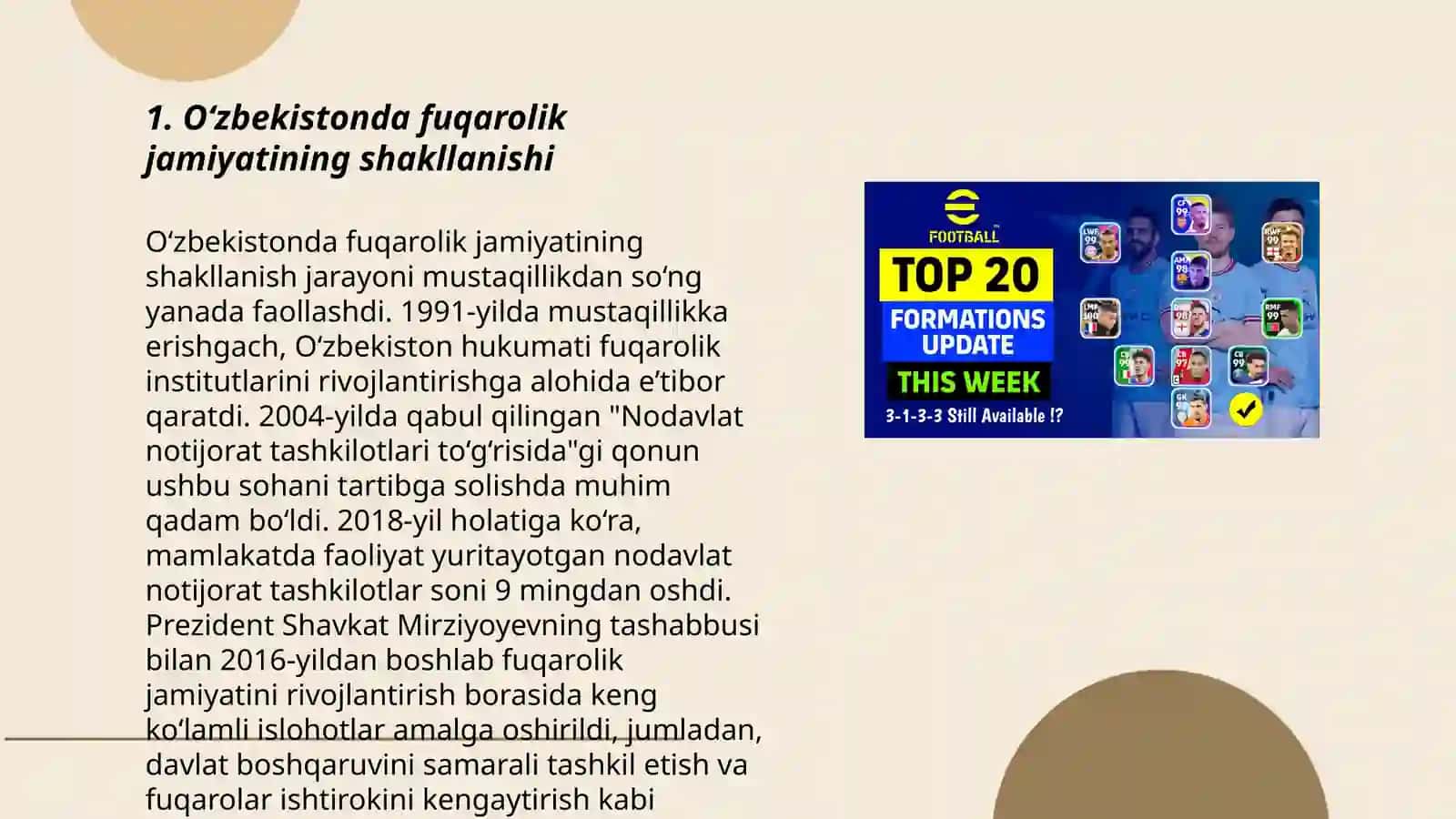 O‘zbekistonda demokratik, fuqarolik jamiyati asoslarining shakllanishi, amalga oshirilgan siyosiy islohotlar. Iqtisodiy islohotlar, xususiy mulkchilikning shakllanishi. O‘zbekistonda bozor munosabatlarining rivojlanishi. O‘zbekiston Respublikasida ijtimoiy sohadagi islohotlar 3