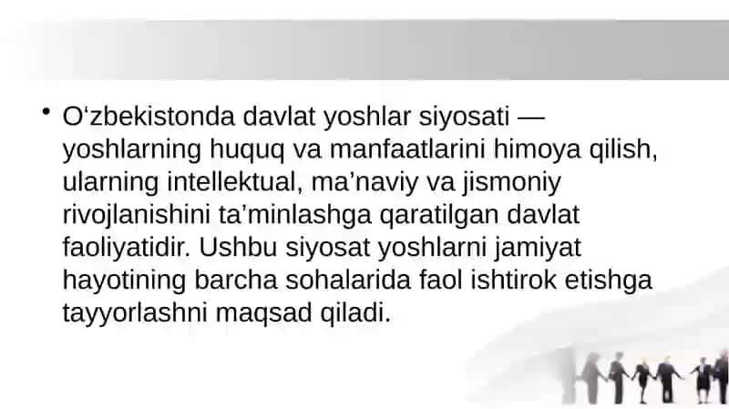 O’zbekistonda yoshlar siyosati va uning ahamiyati.Barkamol avlodni tarbiyalashning asosiy yo’nalishlari 3