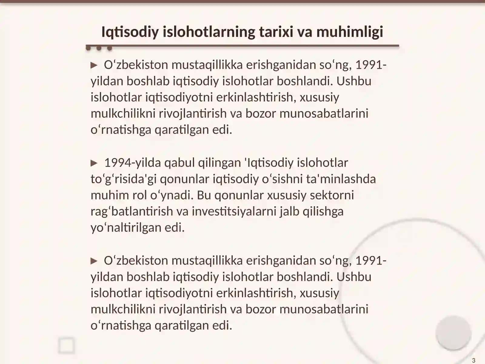 Iqtisodiy islohotlar, xususiy mulkchilikning shakllanishi. O‘zbekistonda bozor munosabatlarining rivojlanishi 3