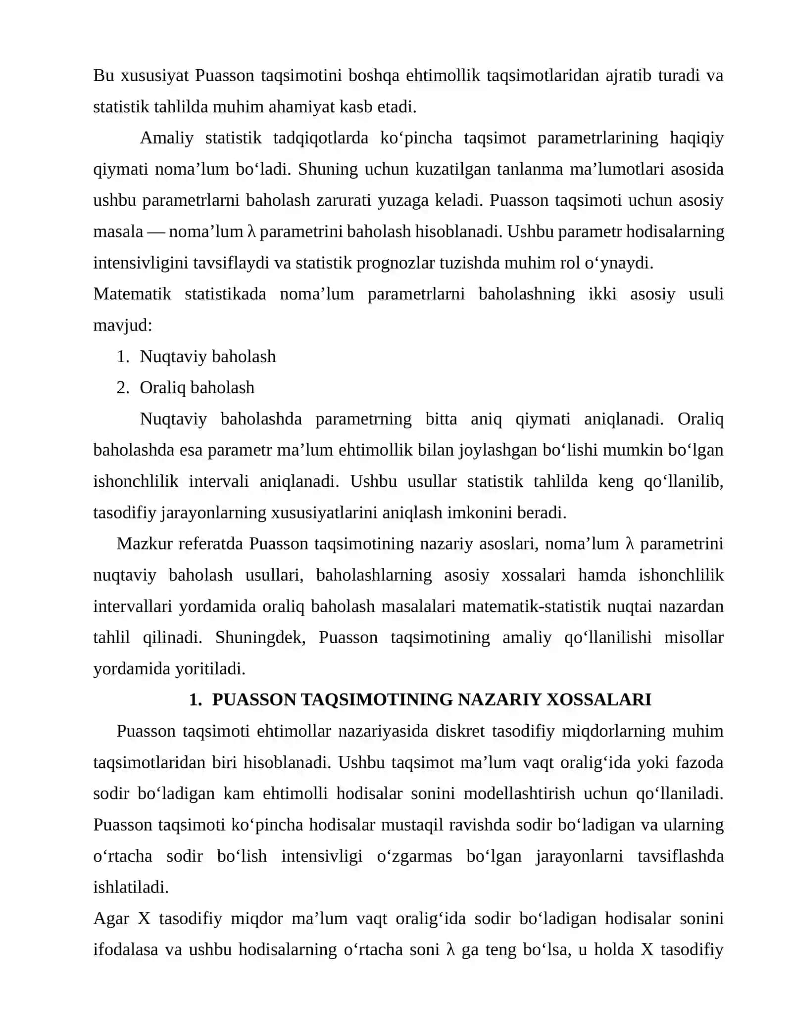 PUASSON TAQSIMOTINING NOMA'LUM λ PARAMETRI UCHUN NUQTAVIY VA ORALIQ BAHOLAR 3