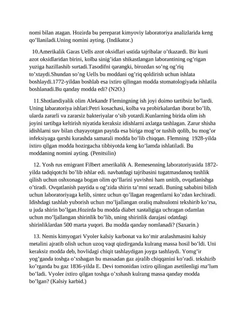 Kimyodan mantiqiy savollar javoblari bilan 3