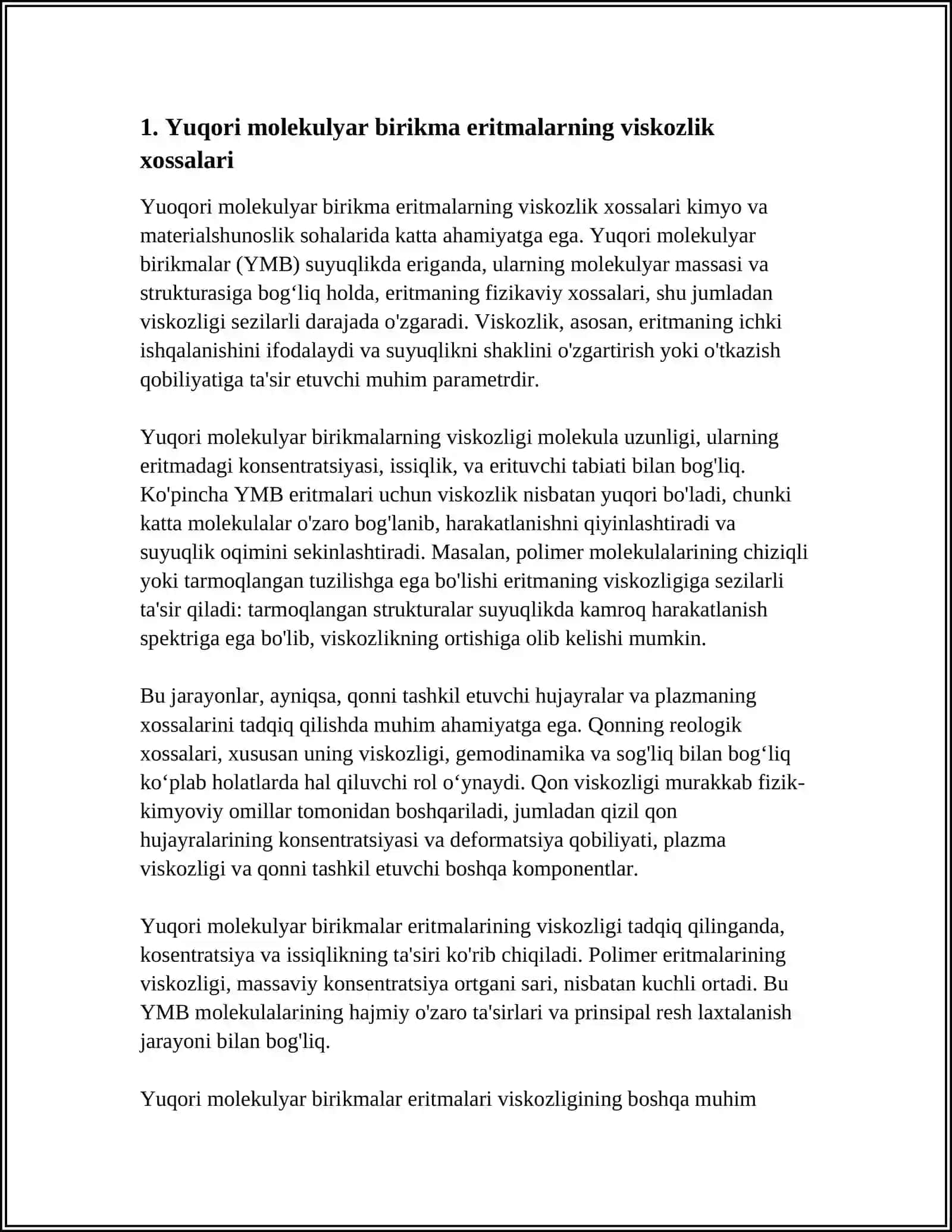 YUQORI MOLEKUYAR BIRIKMALAR ERITMALARNING XOSSALARI. QONNING REALAGIK XOSSALARI 3