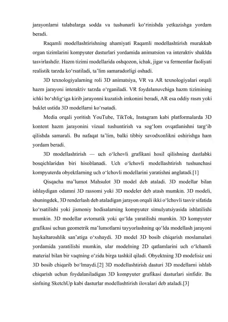 HAZM JARAYONINI TUSHUNTIRISHDA RAQAMLI MODELLASHTIRISH VA 3D TEXNOLOGIYALAR ROLI, HAMDA ULARNING MEDIA ORQALI YORITILISHI 3