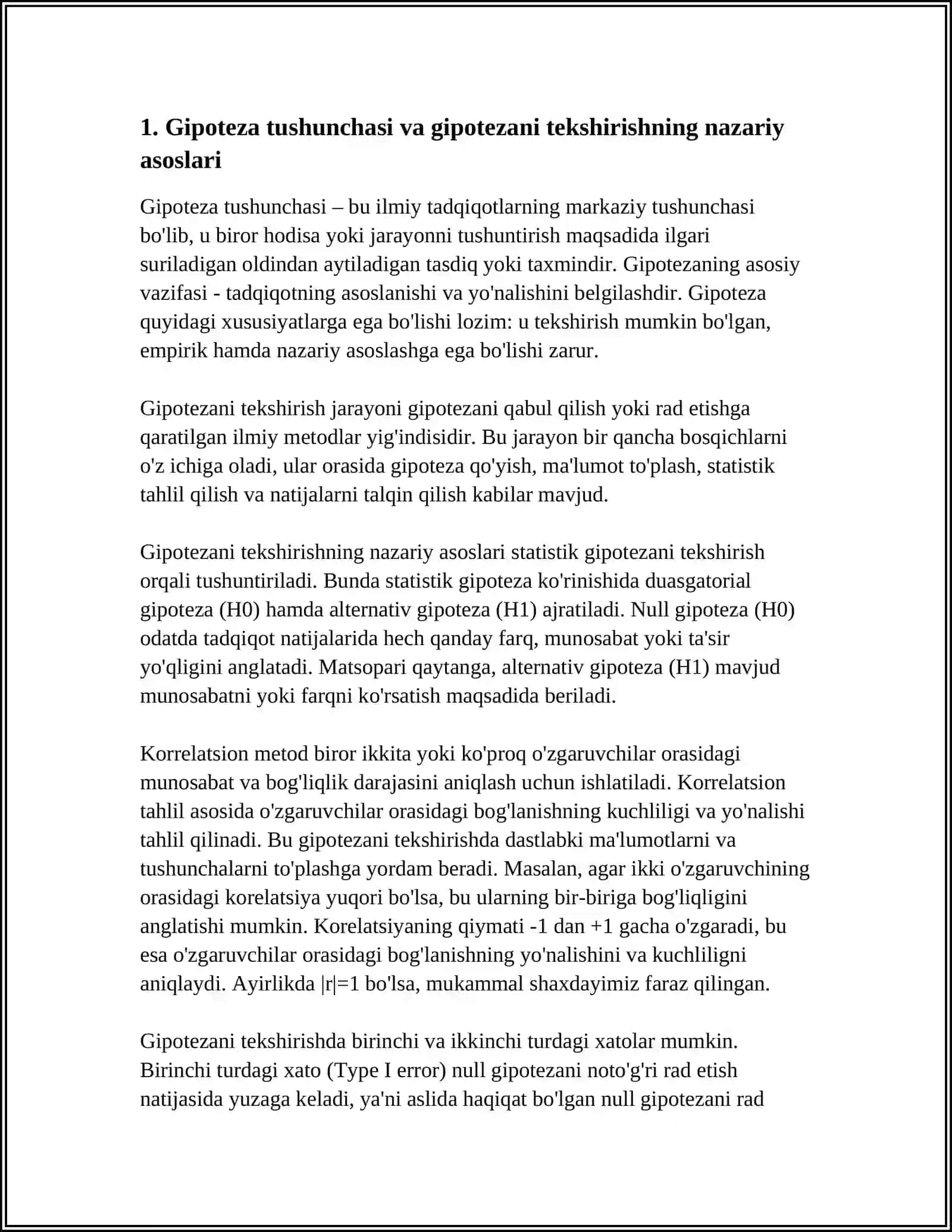 GIPOTEZANI TEKSHIRISH.KORRELYATSION VA PROGNOSTK USULLAR. KARRELYATSIYA. BIRINCHI VA IKKINCHI TURDAGI XATOLAR 3