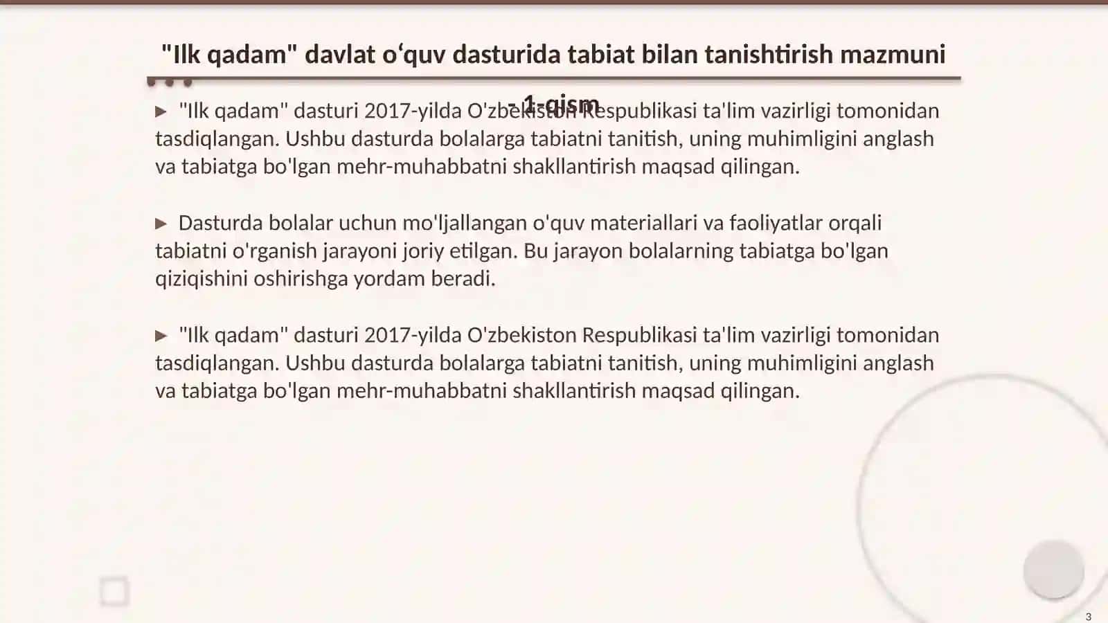 "Ilk qadam" davlat o‘quv dasturida tabiat bilan tanishtirish mazmuni 3