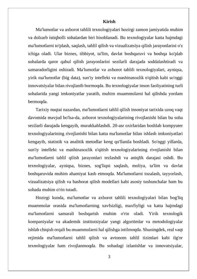 "Ma'lumotlar va axborot tahlili texnologiyalari obzor (ko'rib chiqish)" 3