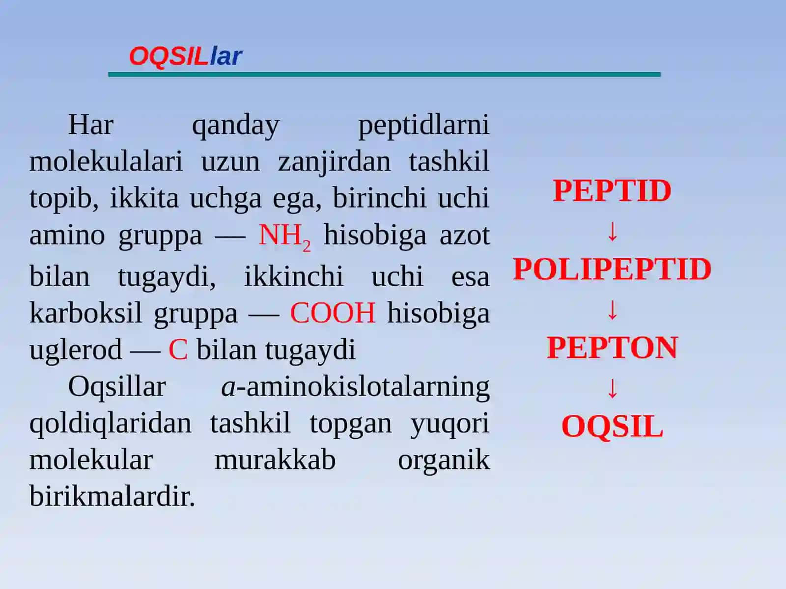 DORIVOR O‘SIMLIKLAR ASOSI – OQSILLAR VA ULAR TARKIBIGA KIRUVCHI AMINOKISLOTALAR VA KLASSIFIKASIYASI 3